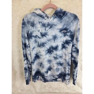 Hooey Mens Medium Blue White Tie Dye Raglan Pullover Hoodie Sweatshirt Logo‎